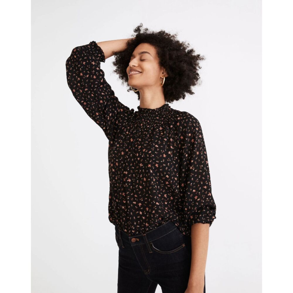 Madewell Smocked-Neck Ruffle Top Blouse Women M Black Floral Cottagecore Prairie